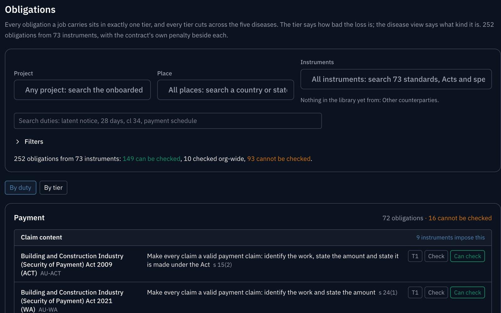 The Obligations tab on the Bridgeworks demo org: 252 obligations from 73 instruments, each marked whether it can be checked.