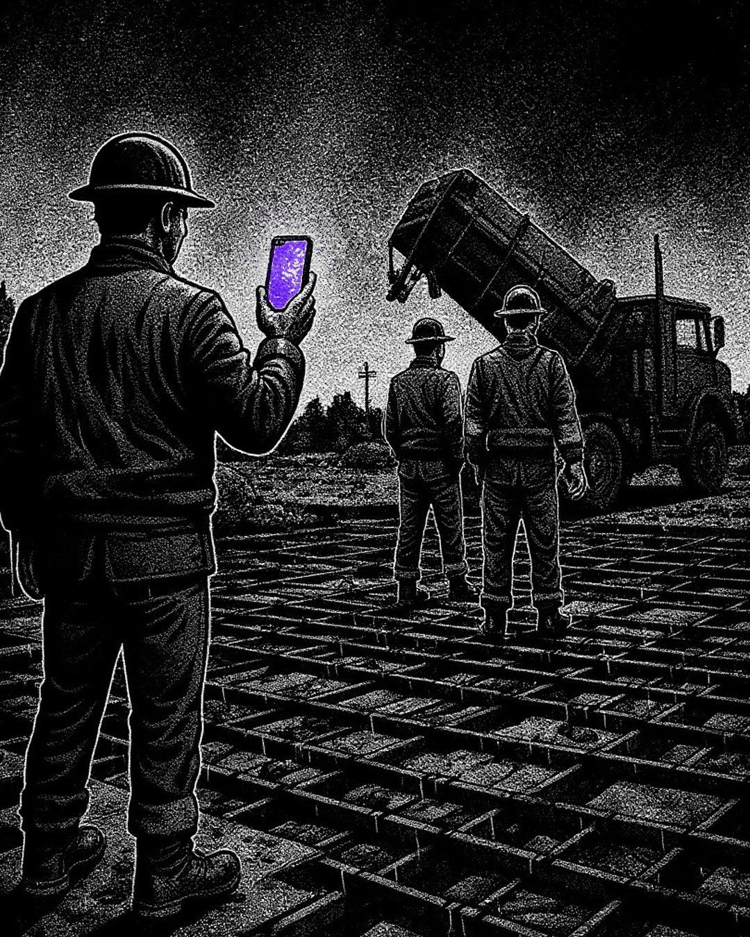 The same site before the pour: the crew waits on the steel, the concrete truck idles, and the supervisor's phone glows violet.