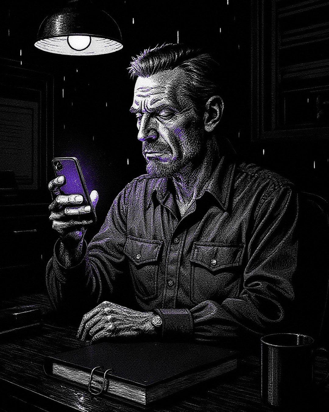 The same man at the same table, composed, reading his phone as it glows violet.