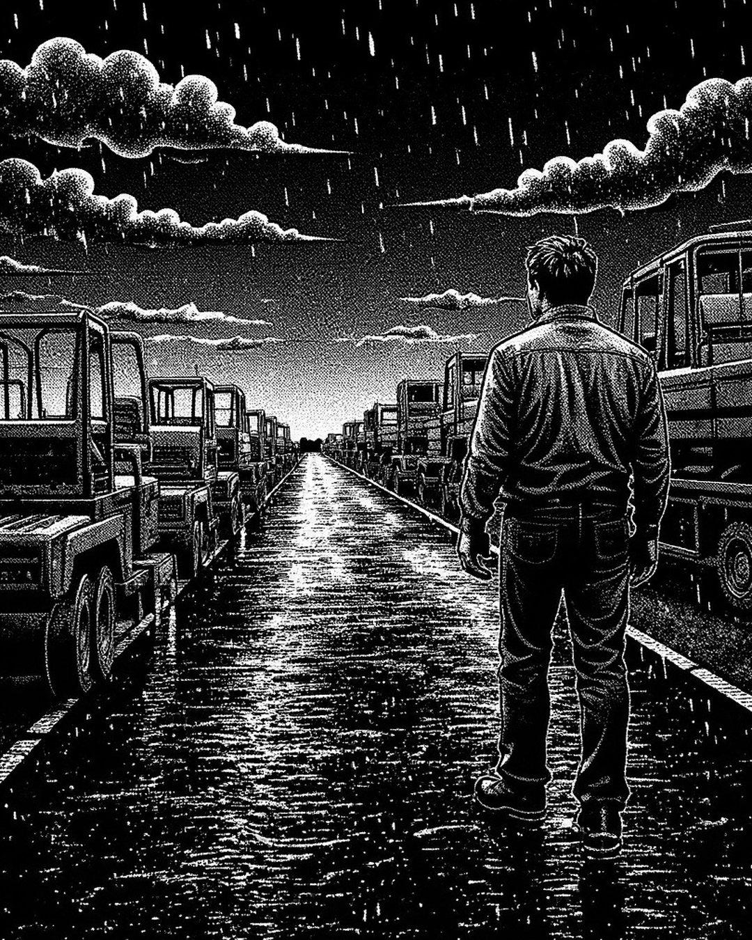 A contractor alone on a finished road at dusk, a long line of hired machines still parked along it.