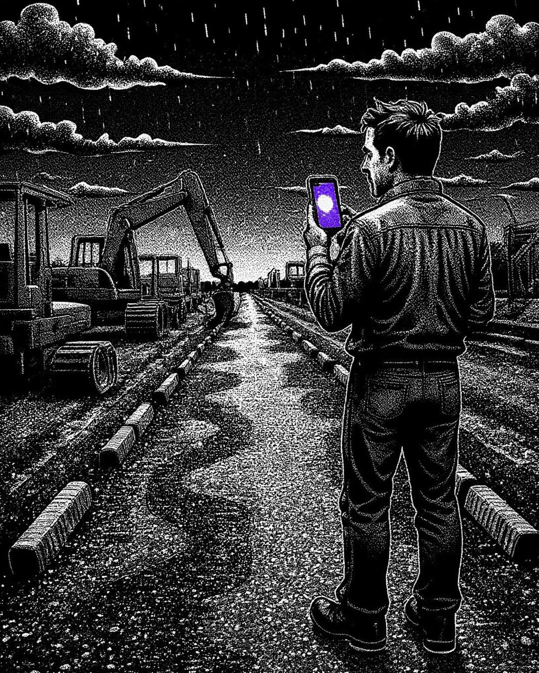 The same road half built: one excavator goes off hire on a low loader while the contractor reads his violet-lit phone.